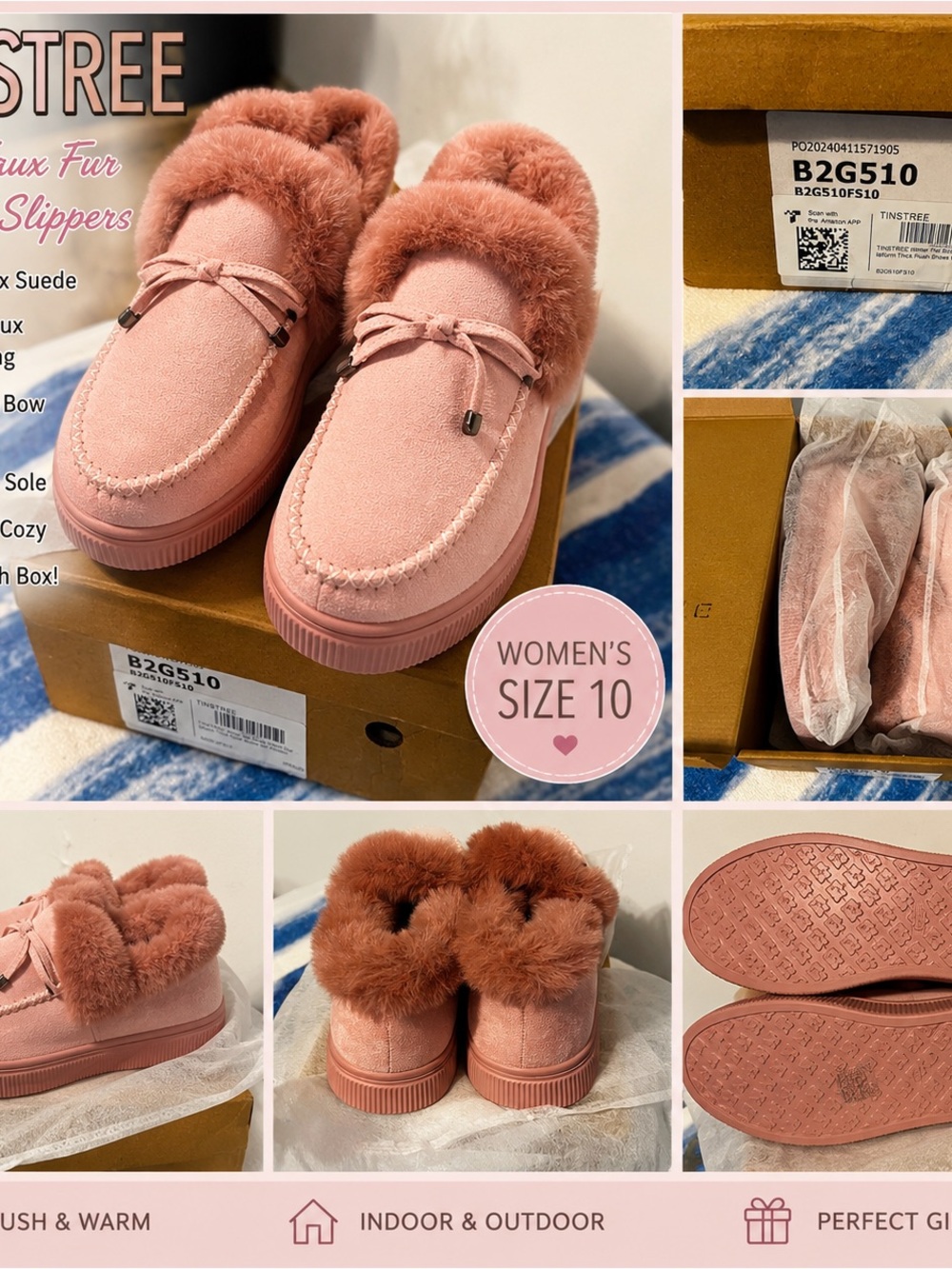 🩷 NWT TINSTREE Pink Faux Fur Lined Slippers | Women’s Size 10🩷
